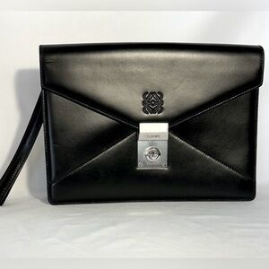 Loewe Anagram Black Leather Clutch w/ Keys Silver Tone Hardware
